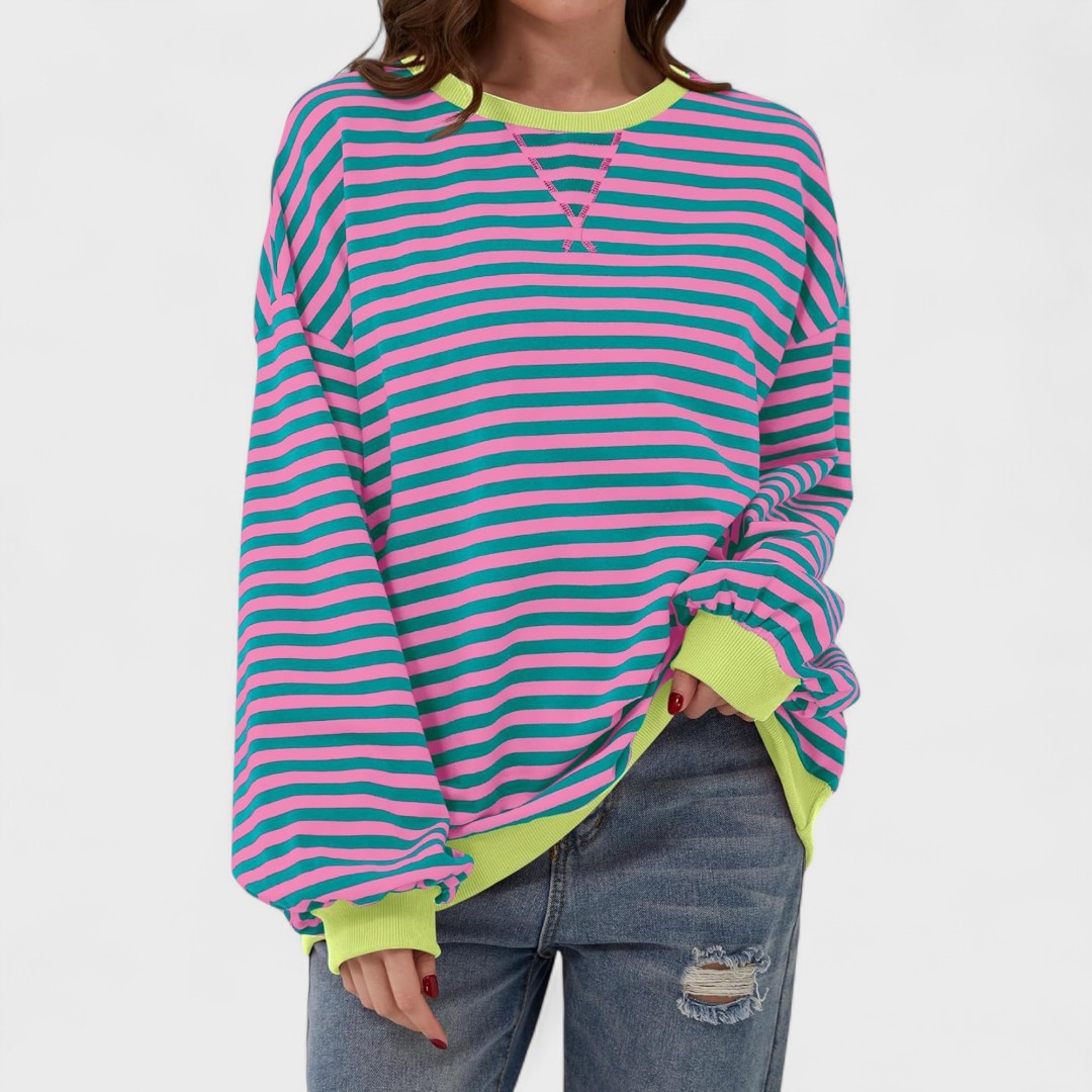 Anna - Casualna Bluza w Paski z Długim Rękawem