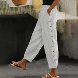 ELENA | Letnie Spodnie z Cienkimi Paskami i Bocznymi Guzikami w Stylu Casual Chic
